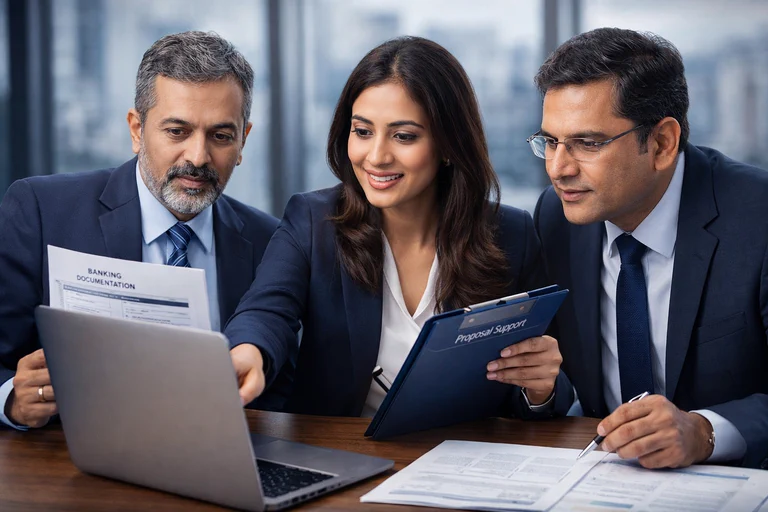 Mixed professional team reviewing banker-facing documents together in a collaborative office meeting