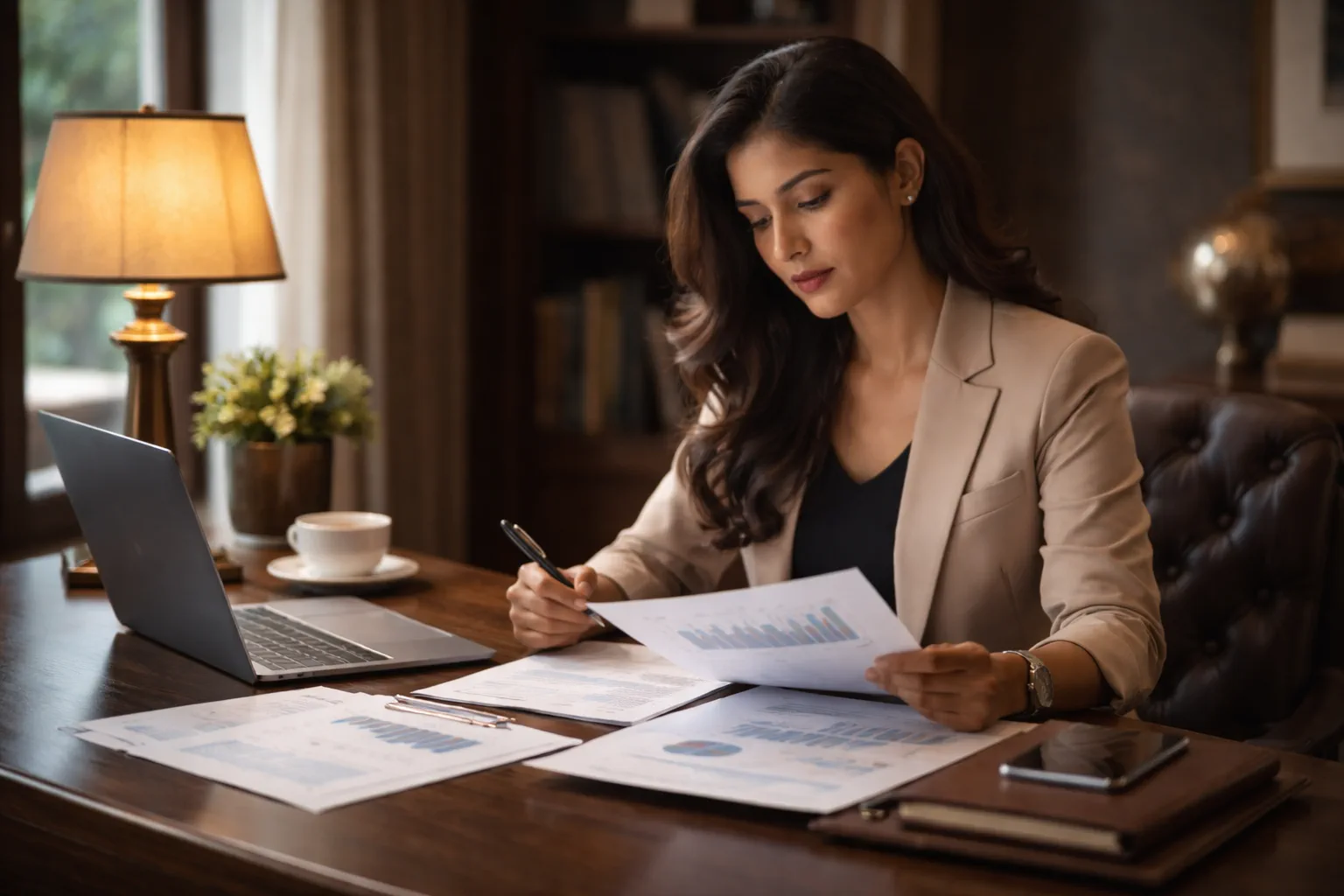 Professional advisor ready to assist on a call at an executive desk with banking documents and laptop