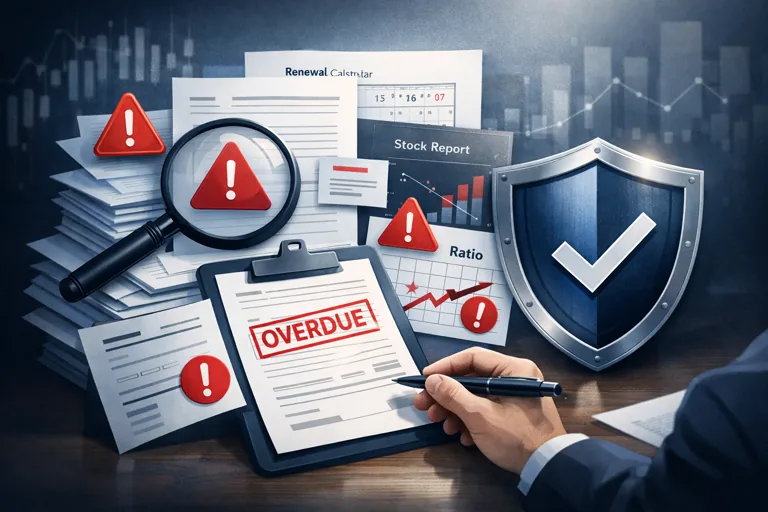 Article visual showing overdue documents, compliance alerts, ratio concerns, and banker-readiness warning signals