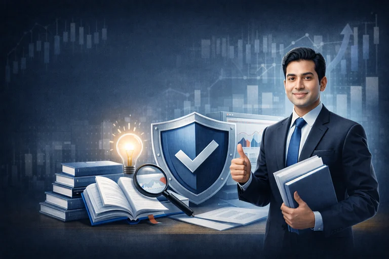 Strategic banking knowledge visual with compliance shield, financial charts, and a business professional