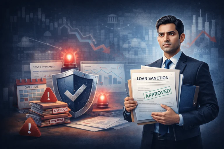Illustration of post-sanction banking stress showing a sanctioned loan file, overdue alerts, and compliance-risk signals
