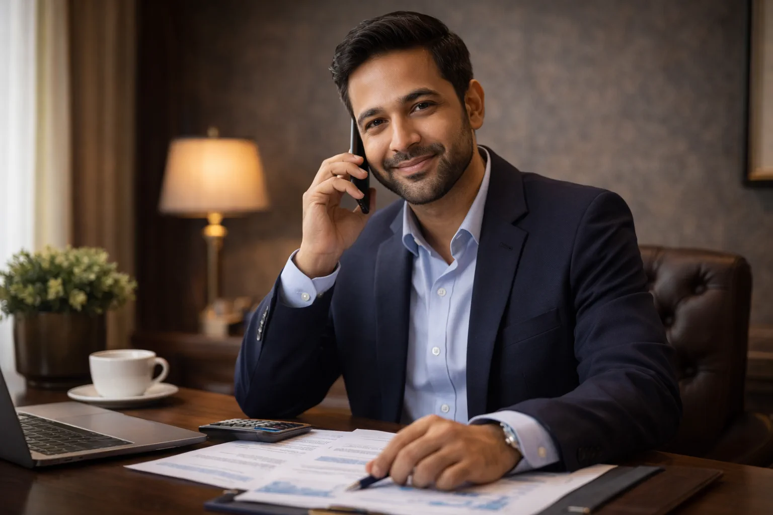 Business professional reviewing structured financial documents at an executive desk with laptop and reports